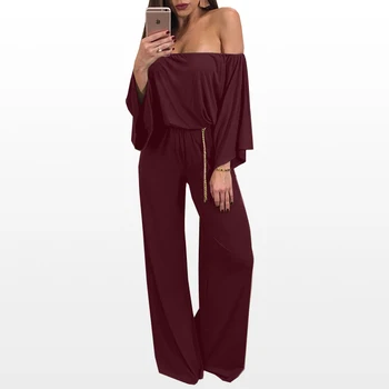 

Jumpsuit For Women 2019 Off shoulder Jumpsuits Loose Flare Sleeve Playsuit Wide Leg Pants Long Trousers Zipper Romper