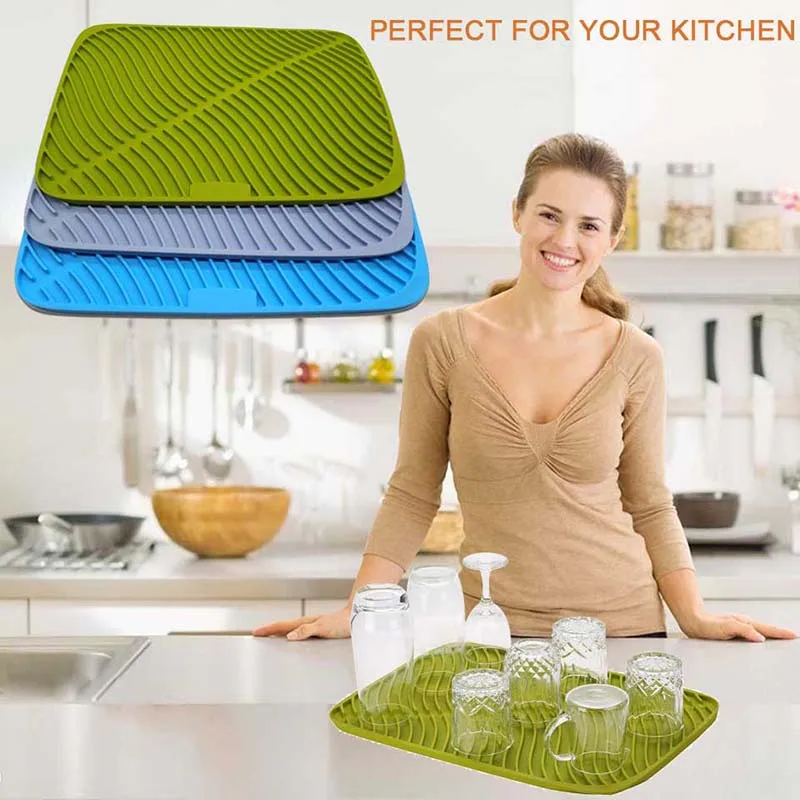 TEENRA Large Silicone Drying Mat Dish Drying Placemat Non-slip Table Placemat Silicone Counter Mat Glass Coaster Kitchen Tools