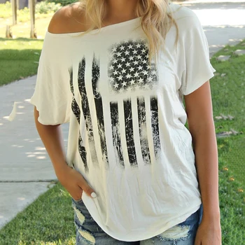 

Flag Star Print Stripe Top Women T-Shirt Asymmetrical Neck Off One Shoulder Half Sleeve Nice Summer Casual Female Tees 7Q1481