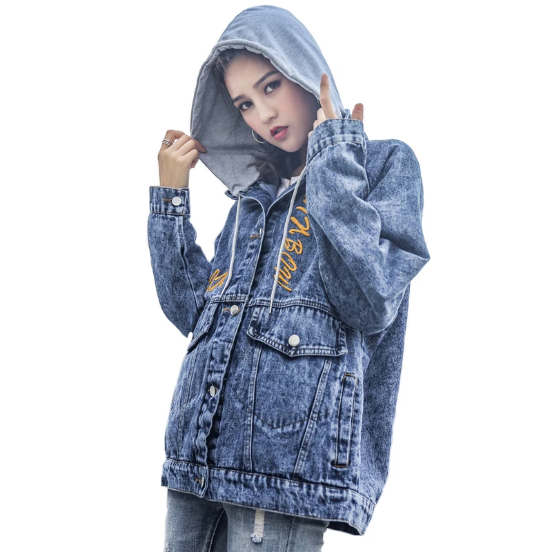 

autumn winter hooded women's jacket embroidery Outwear Denim coat Vintage Korean Windbreaker Female Clothing Plus Size jacket