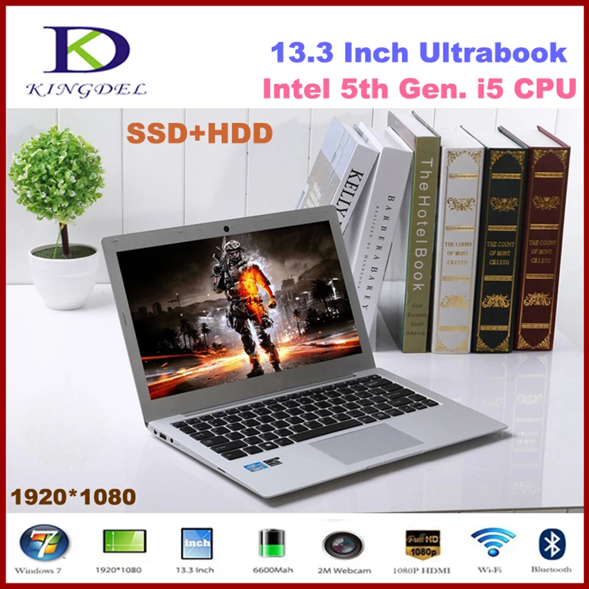 Ultra thin 13.3 inch Intel i5 5th Gen CPU Laptop Notebook with 8GB RAM 128GB SSD 1920*1080, 8 Cell Battery, Metal Case