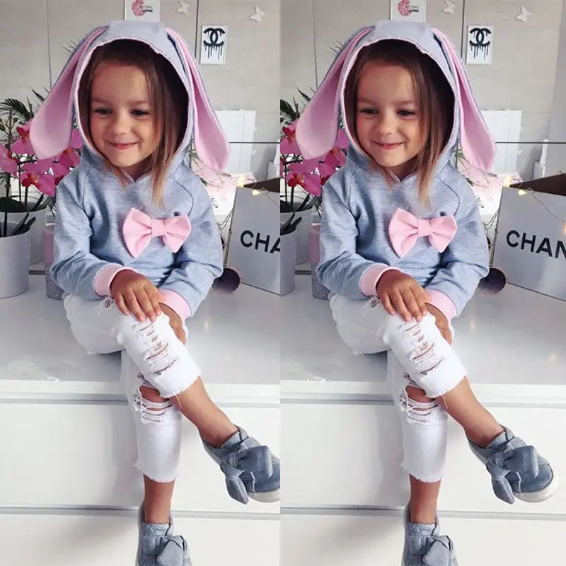 

New Spring Fall Kid Girl Clothes Set Cute Toddler Baby Girl Grey Sweatershirt Denim Long Pant Children Fashion Outfit Clothes