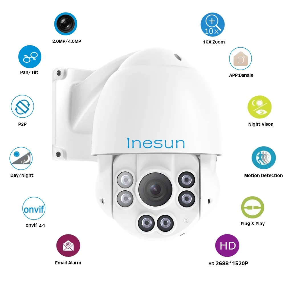 Inesun PTZ IP камера безопасности 2MP 1080P панорамирование/наклон 10X оптический зум