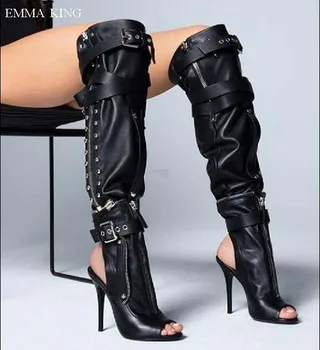 

Hot Sale 2018 Large Size 43 Buckle Strap Knee High Boots Women Autumn Fashion Solid color Rivets Back Heel Opening Woman Shoes