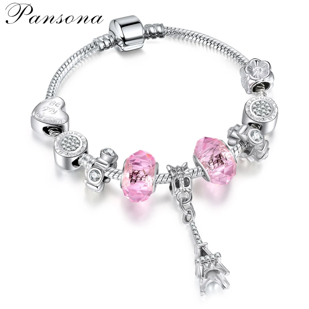 Pansona European Alloy Pink Crystal Charms Bracelet for Women Luxury