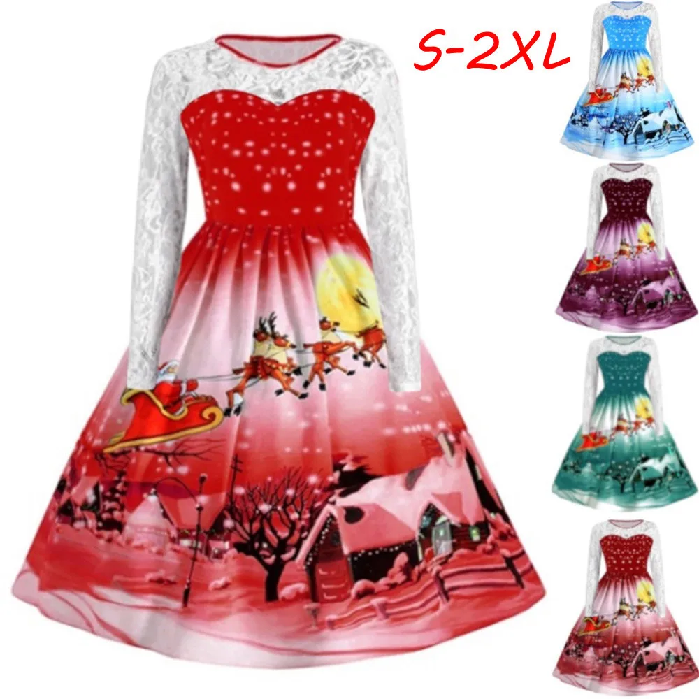 

Vintage Lace Dress Women Christmas Tree Snow Print Red Elegant Evening Party Dresses Slim Sexy Swing Midi Dress Plus Size 533