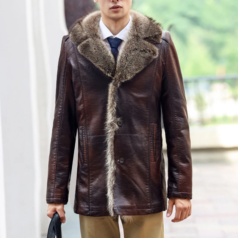 Winter Mens Real Raccoon Fur Collar Jacket Classic Real