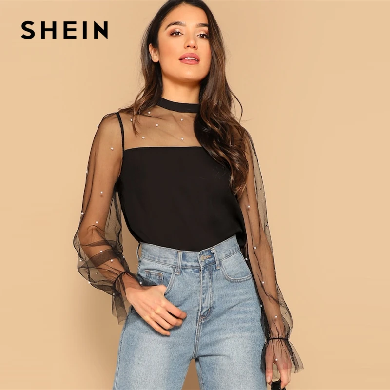 

SHEIN Black Pearl Beaded Contrast Mesh Yoke Blouse Women 2019 Spring Flounce Sleeve Stand Collar Minimalist Blouses