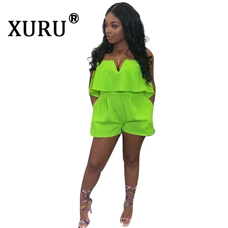 

XURU summer new women's jumpsuit shorts fashion sexy V chest sleeveless solid color jumpsuit casual street hipster jumpsuit