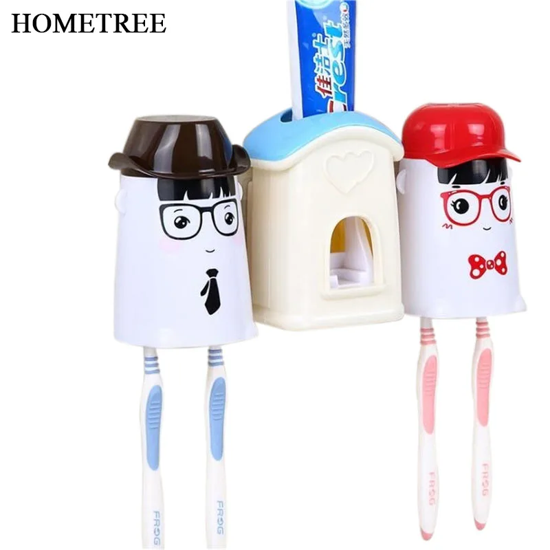 

HOMETREE Hot Sale Practical Family sets 4 Toothbrush Holder Set Wall Mount Stand Toothbrush Automatic Toothpaste Dispenser H134