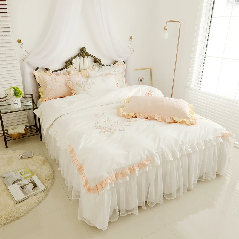 cheap princess style Butterfly Embroidery bedding sets 4pcs cotton linens ruffles border Full Queen King duvet cover+Bedskirt+pillowca