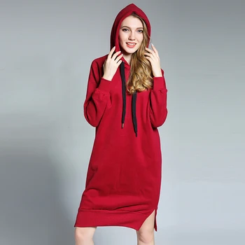 

Euramerican plus-size women's clothing winter Add velvet casual hooded hoodie pullovers dress Thickening keep warm mini dress