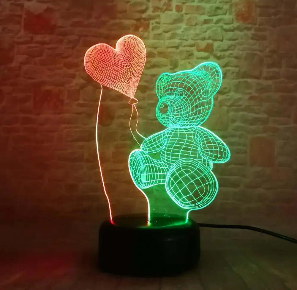 Детская Ночная 3D лампа, светодиодный светильник, Датчик изменения цвета, светодиодный Ночной светильник с медведем, воздушный шар в форме сердца, украшение для дома, лучший подарок для ребенка - Испускаемый цвет: Controller 7 Color