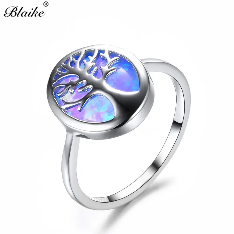 Blaike Luxury Blue/White Fire Opal Cute Life Tree Rings For Women Men 925 Sterling Silver Birthstone Fine Jewelry Graduate Gift