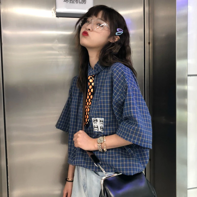2 цвета Mihoshop Ulzzang Корейская женская модная одежда летняя с отворотом в клетку