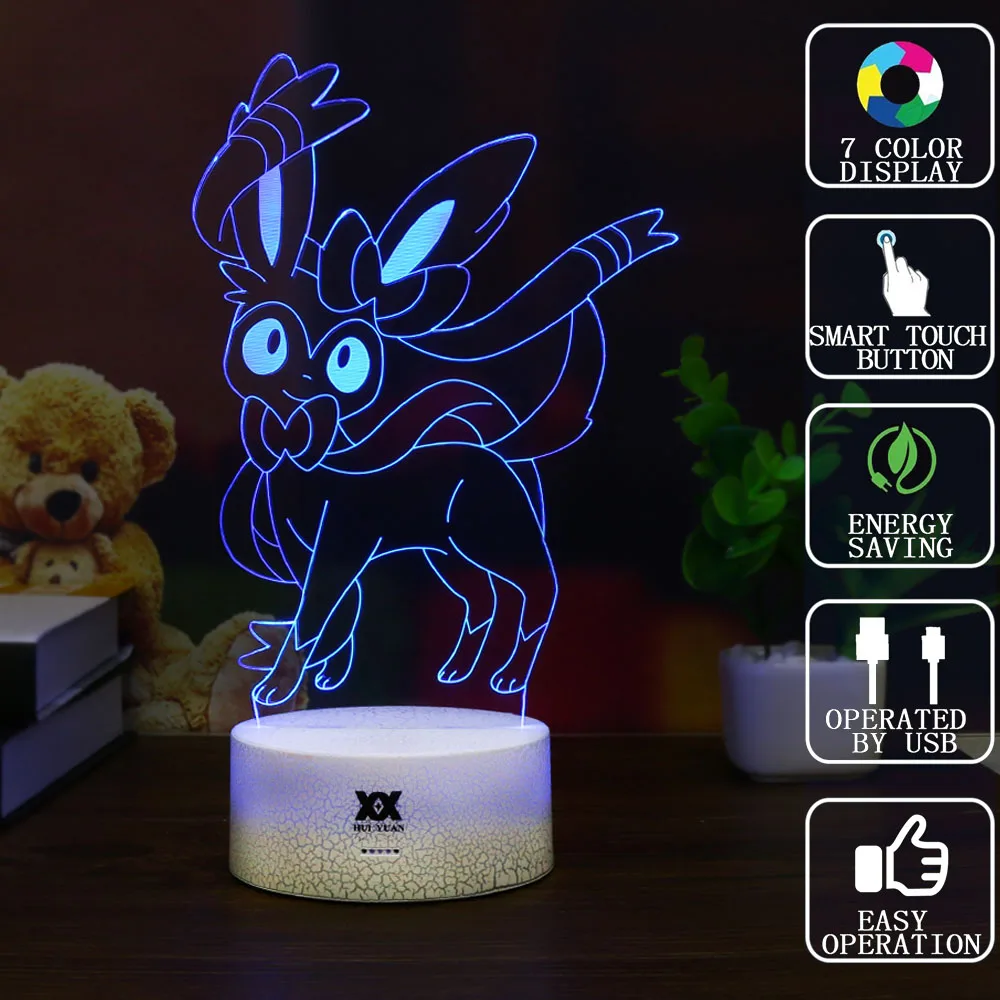 Хуэй Юань Новый Покемон Sylveon милый мультфильм 3D лампа светодиодный холодный Night ночник дети сон USB настольная лампа Сюрприз подарок HY1251