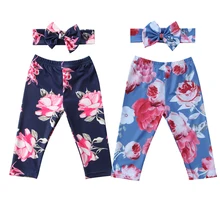 Длинные штаны с цветочным рисунком для новорожденных мальчиков и девочек, мягкие хлопковые штаны с высокой талией, повязка на голову, комплект из 2 предметов, одежда для малышей