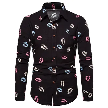 

Black Lips Print Shirt Men 2019 Brand New Slim Fit Camisa Masculina Long Sleeve Cotton Linens Shirts Men Casual Social Shirt Man