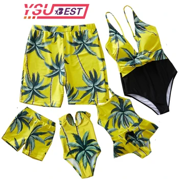 

New Family Look Mother Daughter Bikini Swimsuits Mommy Dad and Me Matching Clothes Father Son Swimwear Shorts Beach leaf Outfits