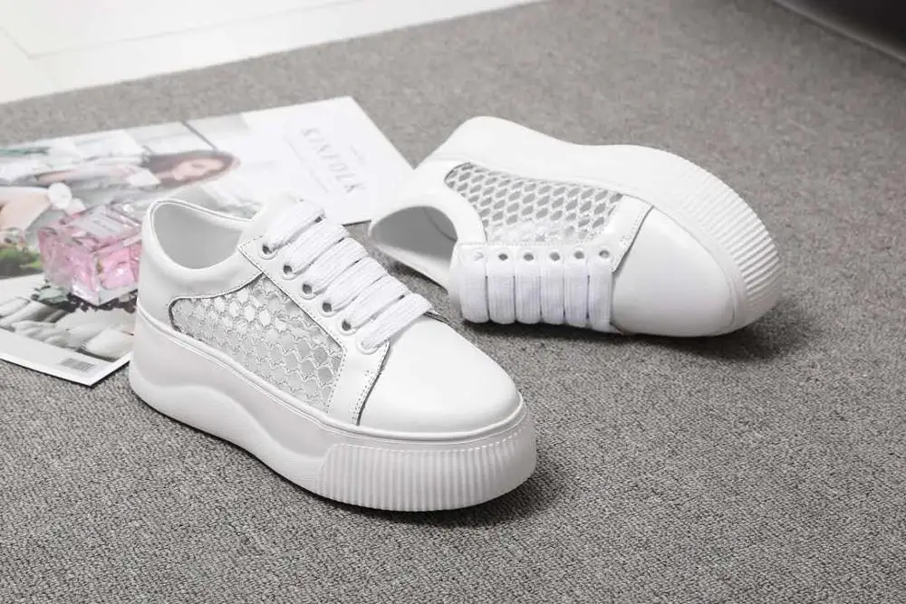 2019 New Fashion Breathable Air Mesh Women's flat platform Casual Shoes Comfortable Woman Sneakers Genuine Leather White Shoes