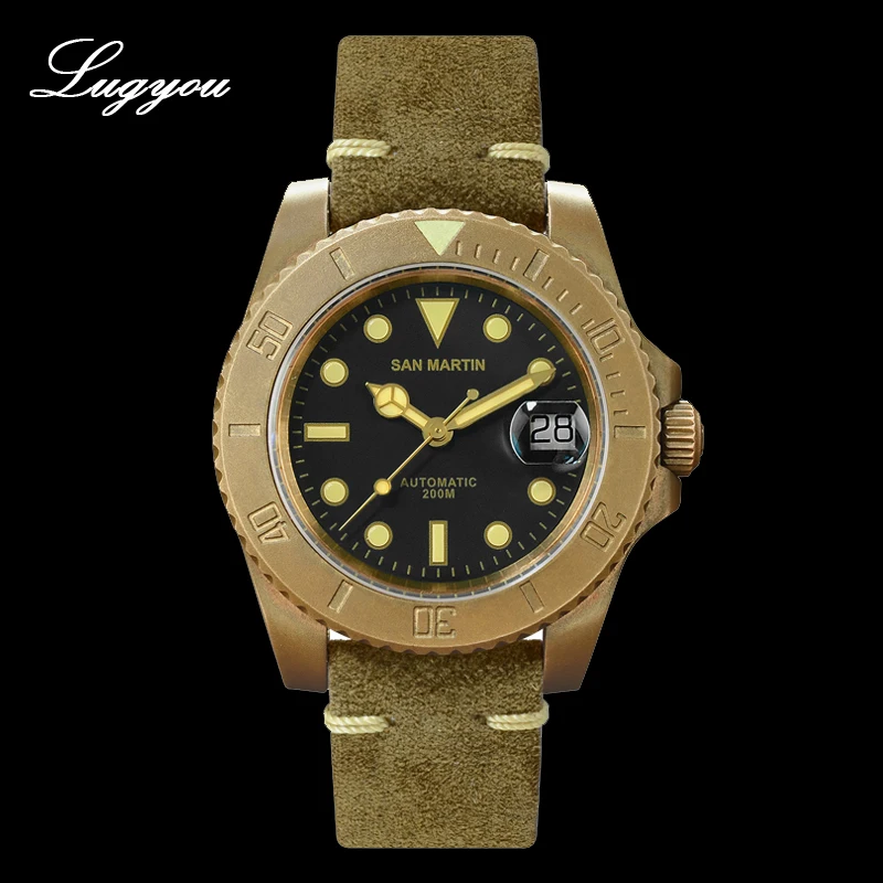 

Lugyou San Martin Luxury Men Watch Automatic Seagull ST2130 Solid Bronze Sandblasted Rotating Bezel Sapphire Convex Dot Leather