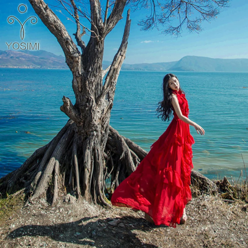YOSIMI 2018 Summer Dress Maxi Elegant Red Chiffon Vintage Ruffles Long Women Dress Sexy Party Stand-neck Beach Long Dress Female