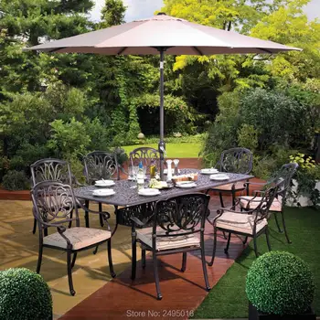 

set of 9cps outdoor furniture solid-cast dining set table and chairs in the yard or garden without umbrella