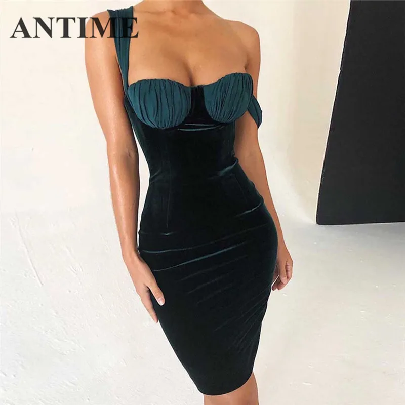 

ANTIME Women Dress Noodles Sexy Strapless Sleeveless Sheath Solid Spaghetti Strap Sexy Club Wear Bodycon Luxury Dresses 2019