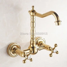 Золото Цвет Латунь Поворотный носик кухонная раковина кран/2 отверстия настенный сосуд Раковина двойной ручные смесители Wgf018