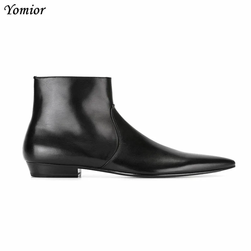 Men's Pointed Toe Chelsea Boots Genuine Cow Leather Male Ankle Boots Slip-On Casual Dress Business Spring Winter Man Shoes