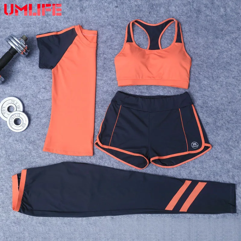 UMLIFE Women 4 Pieces Set Sports Suit Outdoor Gym Elastic Running Set Exercise Yoga Bra T-shirt Patchwork Short Sleeve Shirt UMLIFE Women 4 Pieces Set Sports Suit Outdoor Gym Elastic Running Set Exercise Yoga Bra T-shirt Patchwork Short Sleeve Shirt