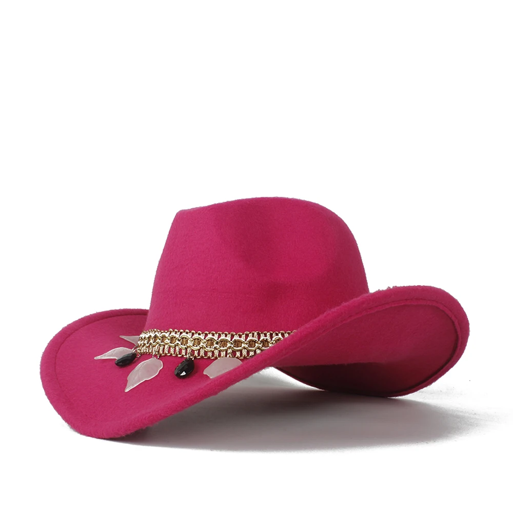 Женская шерстяная ковбойская шляпа в западном стиле, женская черная ковбойская шляпа Sombrero Hombre Jazz cap - Цвет: Rose red