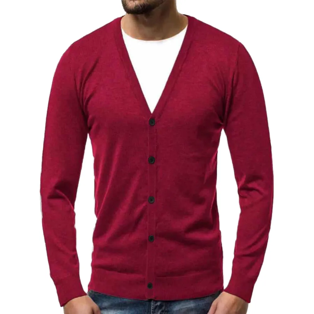 Однотонный удобный вязаный свитер мужской осенний теплый пуловер на пуговицах Блузка Топы