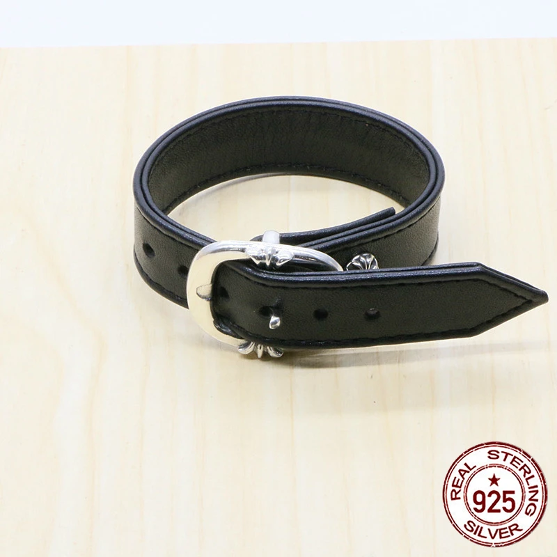 

100% S925 sterling silver leather bracelet personality fashion retro hip hop punk jewelry cross flower around the shape to send