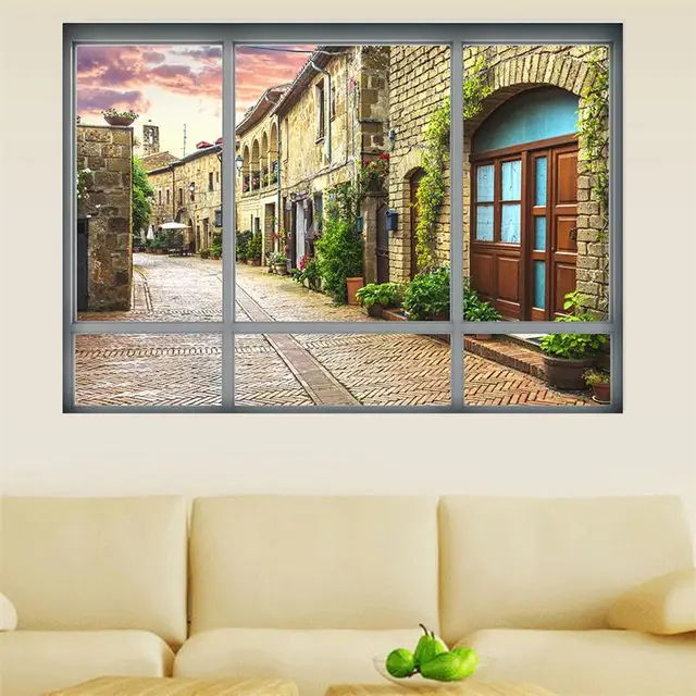 3D Window View Wall Stickers Italy Little Town Landscape Scenery Decal