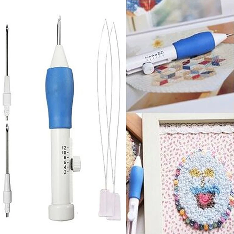 

Blue White Sewing Embroidery Stitching Punch Needle Handle Craft Tool Guide Stamp Flower Pin 3 Needles 2 Threader