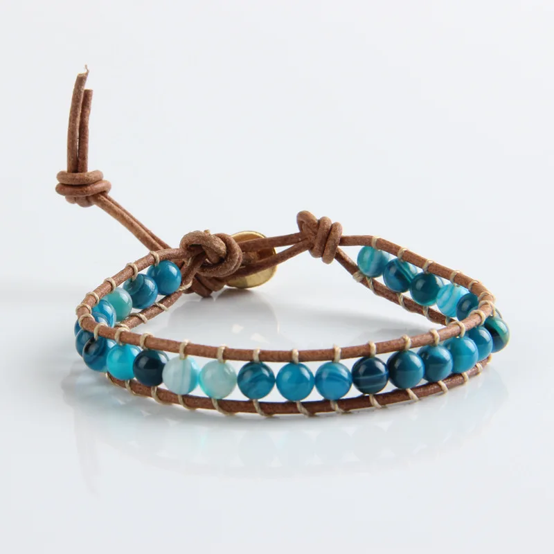 2017 New Leather Beaded Wrap Bracelets High Quality Handmade 6mm Blue