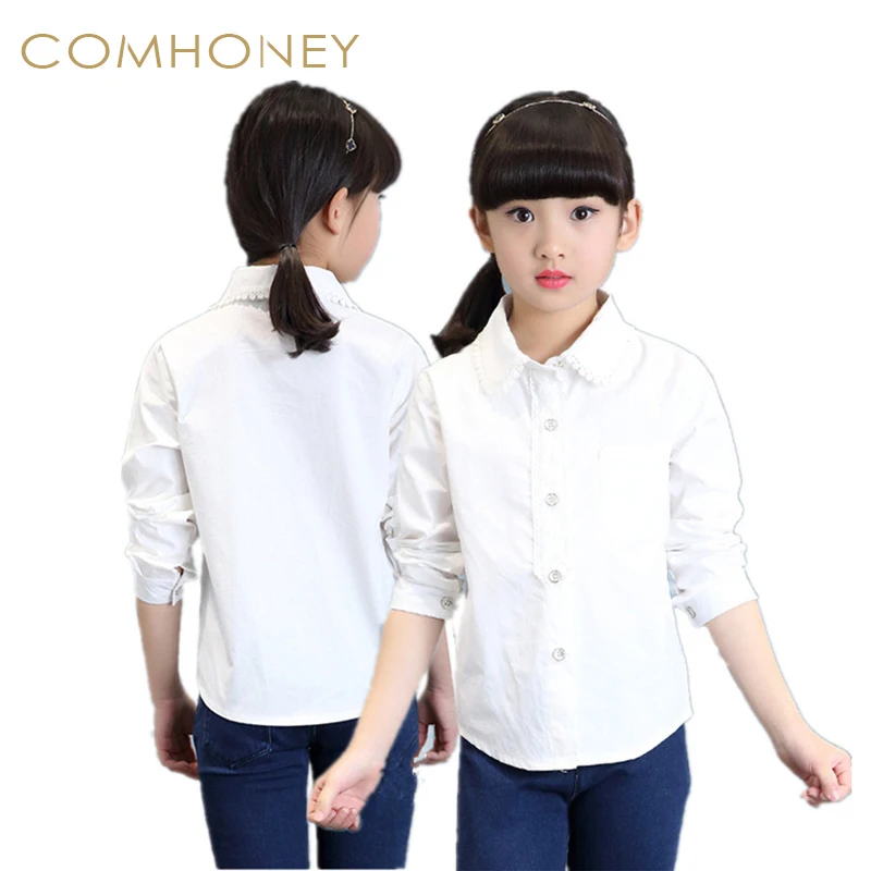 Blouses For Girls Baby Girls White School Blouse 100 Cotton Lace Long Sleeve Shirts Spring