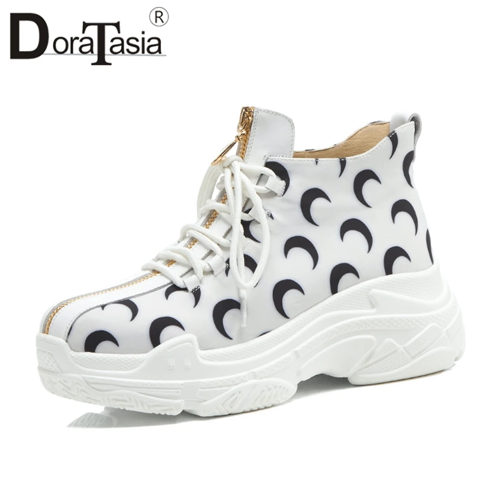 

DORATASIA 2018 Autumn Fashion School Girl Print Platform Sneakers Women Genuine Leather Zipper Design Dady Shoes Woman lace-up