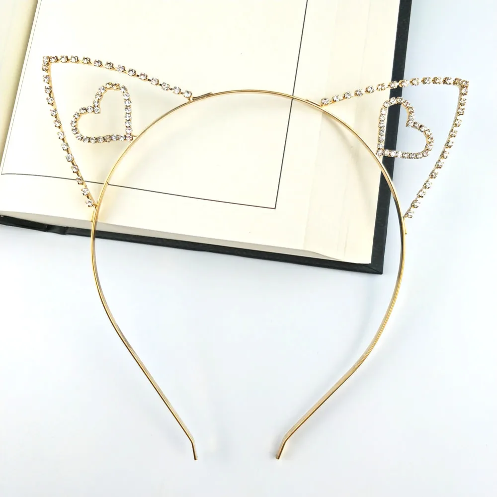 

12cm Sweet Heart Women Hair Hoops Cat Ear Hairband Crown Tiara Headband Rhinestone Princess Hollow Jewelry hair accessories