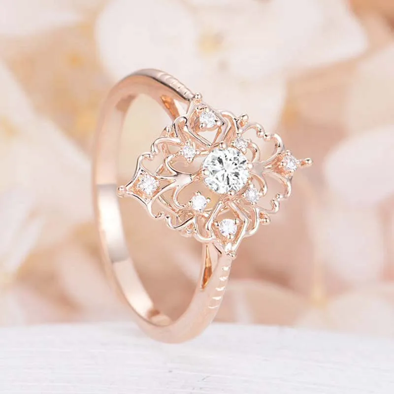 JYA Retro Women Rings Baroque Style Luxury Rose Golden Flower Shape Wedding Ring Statement Jewellery Vintage Diamante Accessory