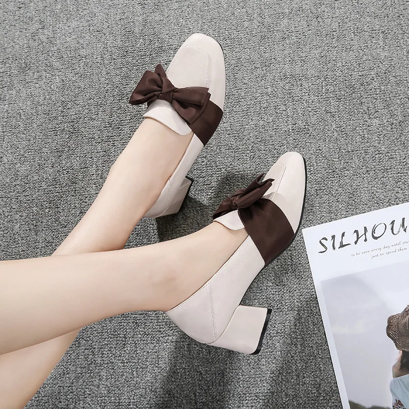 

brand designer lace bowtie high heels ladies thick heeled working shoes woman riband big bow pumps 43 plus size tacos mujer 83