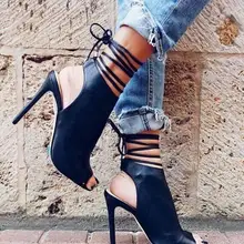 Дизайнер шнуровке ботильоны peep toe высокие каблуки женщины партия обувь женщина мода slingback лодыжки wrap летние сапоги размер 35 т