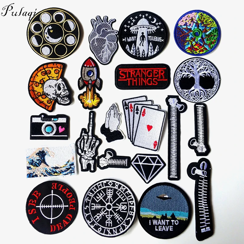 

Pulaqi Rock Skull UFO Patch DIY Embroidered for Clothing Iron On Applique Punk Heart Sew On Fabric Badge Apparel Applique F