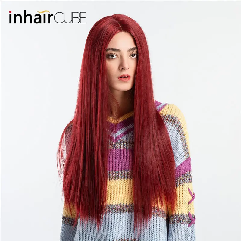 

INHAIR CUBE 27 Inch Water Wave Front Lace Wig Long Hair Ombre Simulation Scalp Synthetic Wigs Middle Part Free Hairnet
