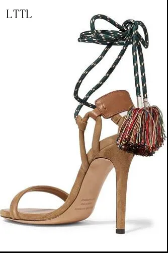 

Summer Sandals Back Cross-Tied Fashion New Arrival Suede Leather High Thin Heels Open Toe Popular Fringe Women Shoes Sexy Style