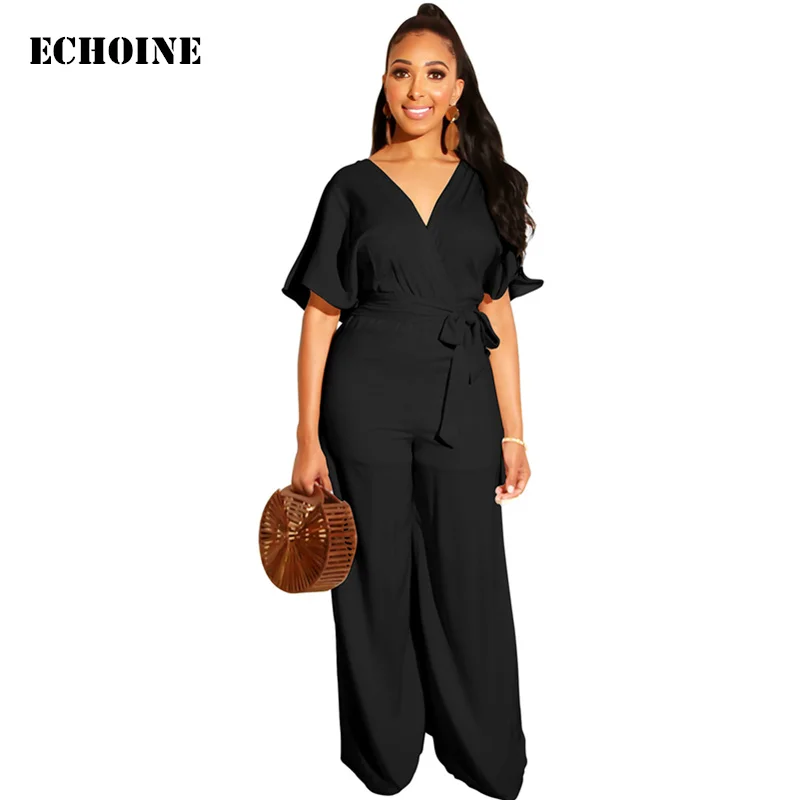 

Elegant V-neck Jumpsuit with Belt Women Short Sleeve Playsuit Wide Leg Slim Rompers Jumpsuit Sexy Club Wear Outfit Party Overall