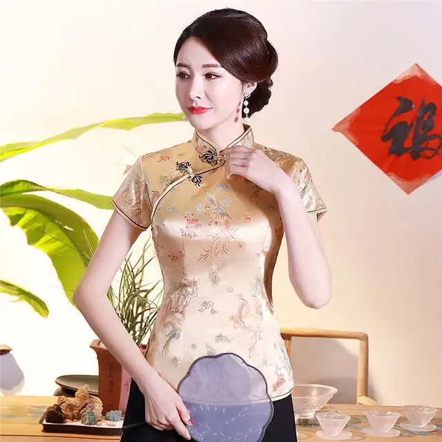 Vintage Flower Women Chinese Traditional Satin Blouse Summer Sexy Shirt Novelty Dragon Clothing Tops Plus Size 3XL 4XL WS009 Gold Dragon