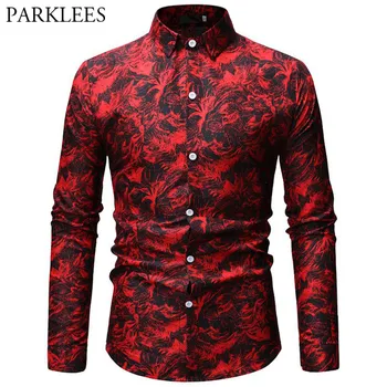 

2019 Hippie Red Hawaiian Shirt 3D Leaves Print Long Sleeve Male Cotton Dress Shirts Casual Holiday Beach Party Chemise Homme Top