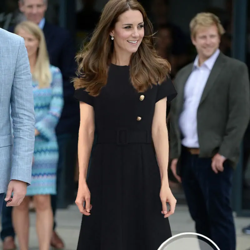 

New Kate Middleton Princess Solid Dress Fashion Button Designer Women O-Neck Mermaid Dresses With Belt